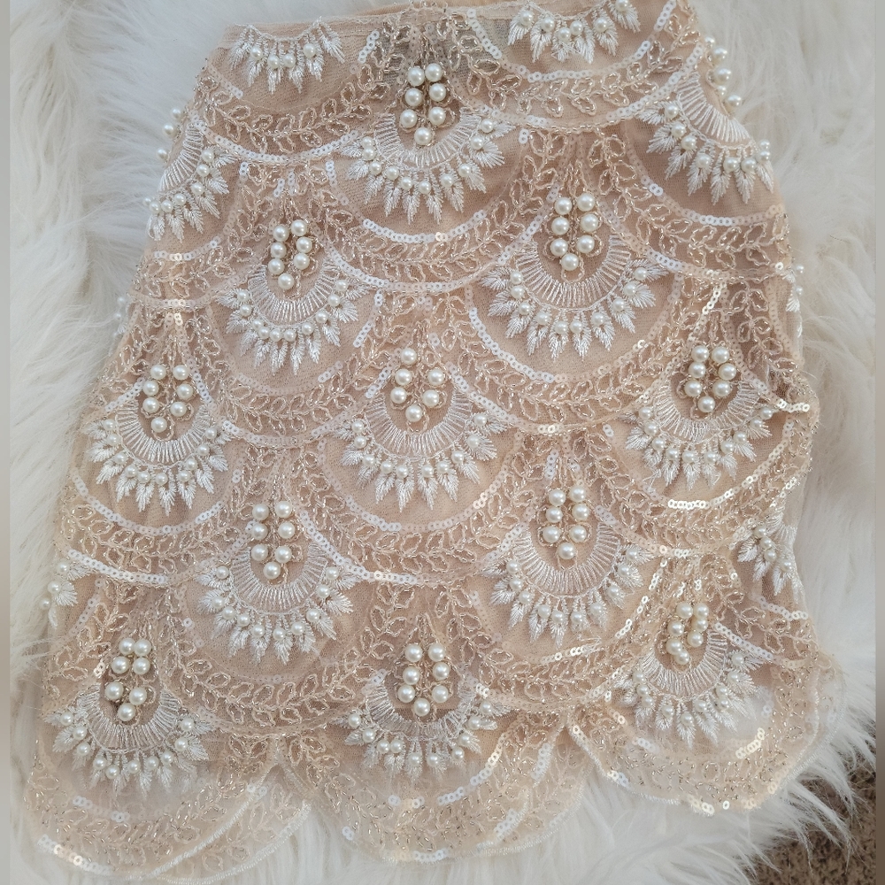 Akira nude white ivory lace Beaded bodycon skirt